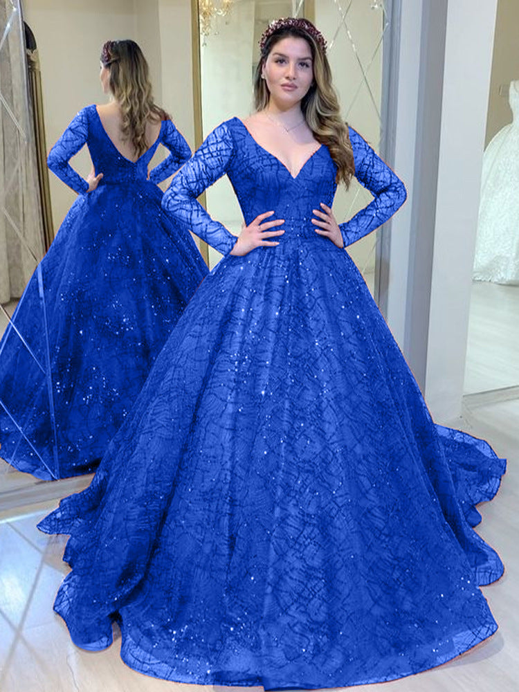 Sparkly Long Sleeve Ballgown – V – Neck Glitter Prom Dress luxury bridal gown by Bridal Boutique
