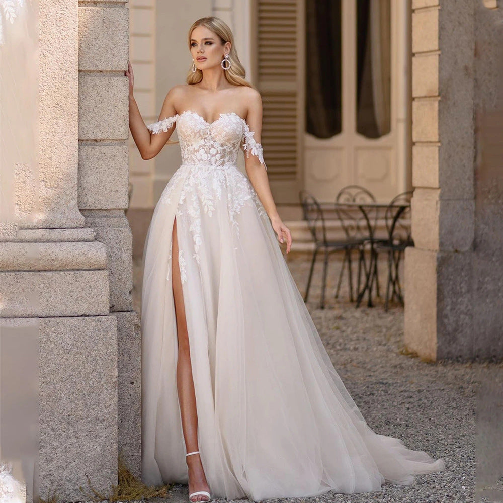 Romantic Off-the-Shoulder Tulle A-Line Wedding Dress with High Slit.