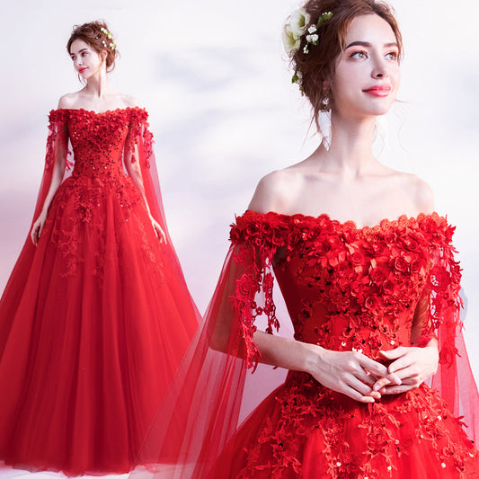 Long-sleeved Red wedding dress