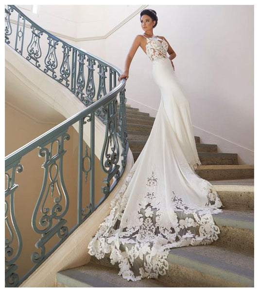 Crystal Beaded Corset Satin Wedding Dress - High Slit A-Line Bridal Gown.
