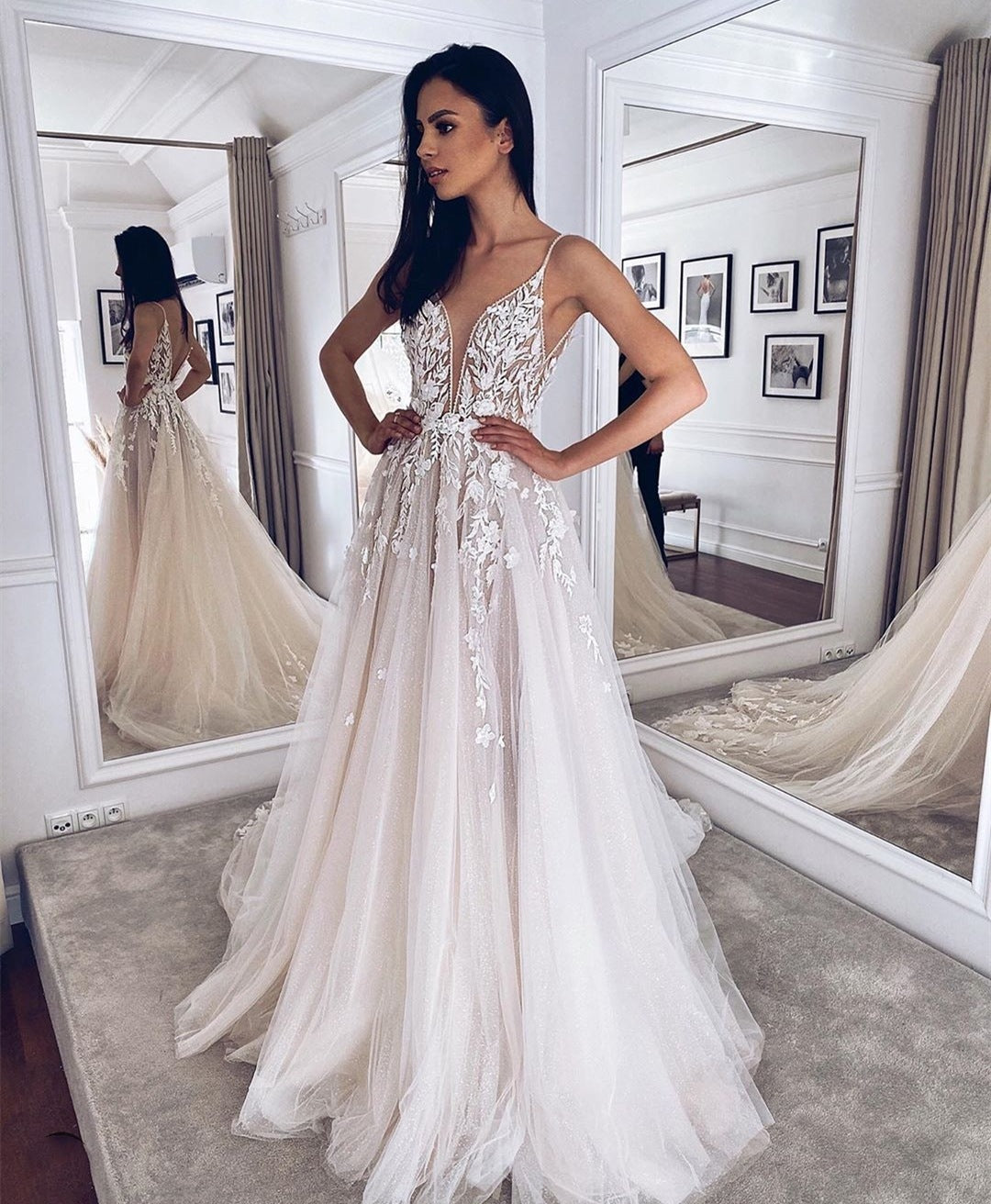 Romantic 3D Floral Lace A-Line Wedding Dress with Plunging V-Neck.