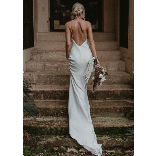Minimalist Satin Slip Wedding Dress | Low Back Bridal Gown with Train.
