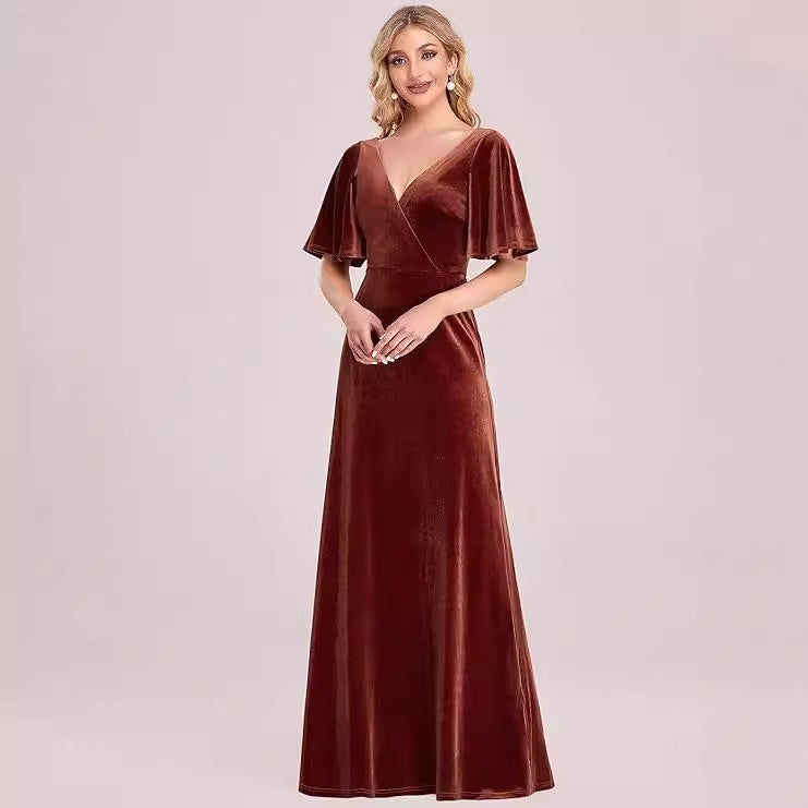 V-Neck Velvet Maxi Dress with Flutter Sleeves