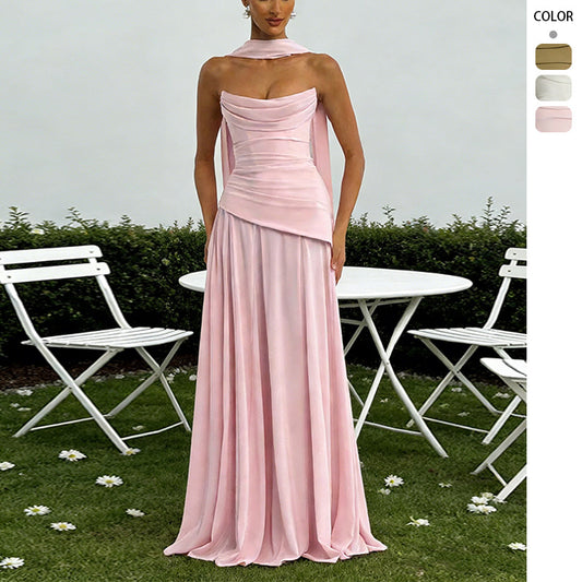 Strapless Corset Maxi Dress - Ruched Evening Gown with Attached Scarf Cape
