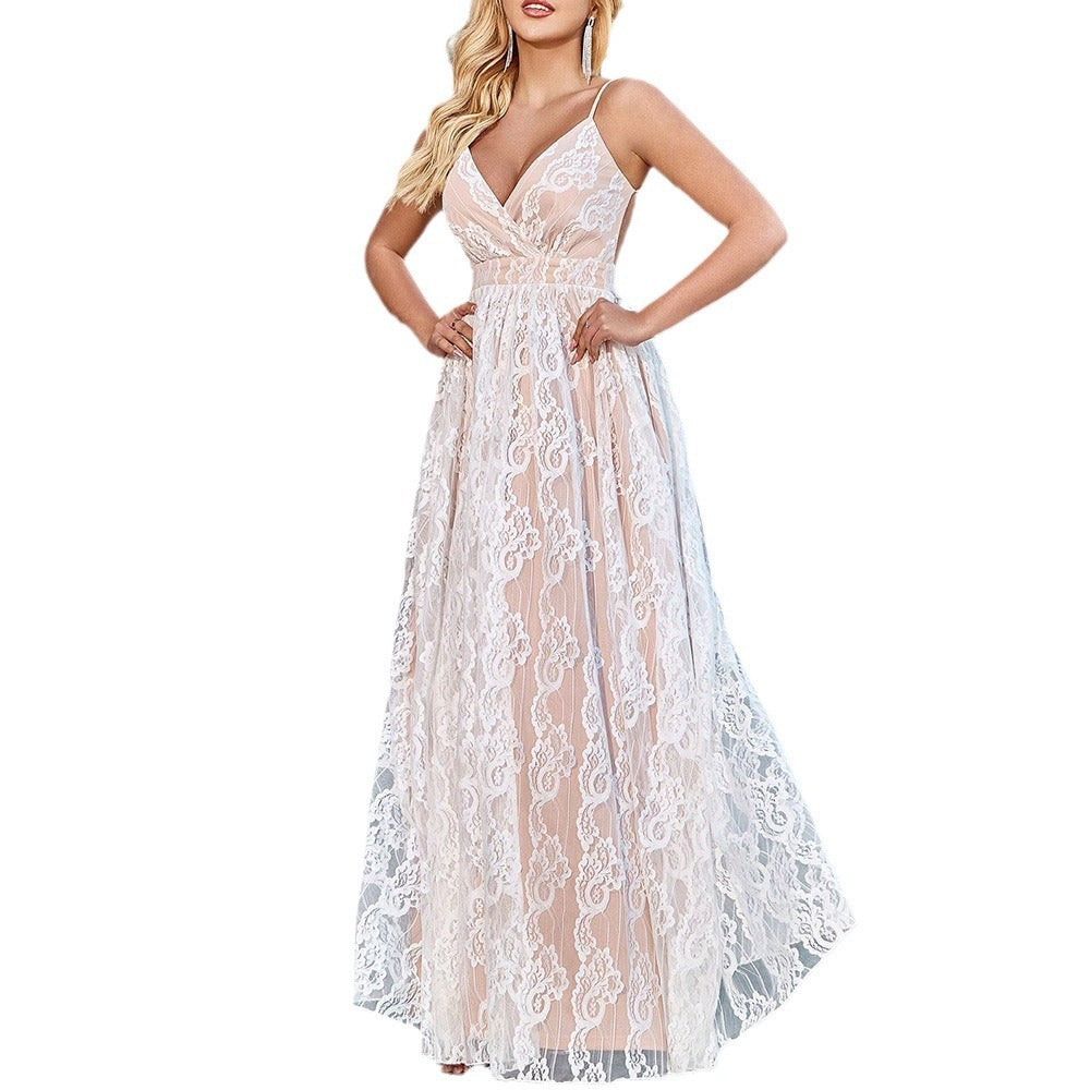 Elegant Deep V-neck Backless Mesh Formal or Wedding Dress.