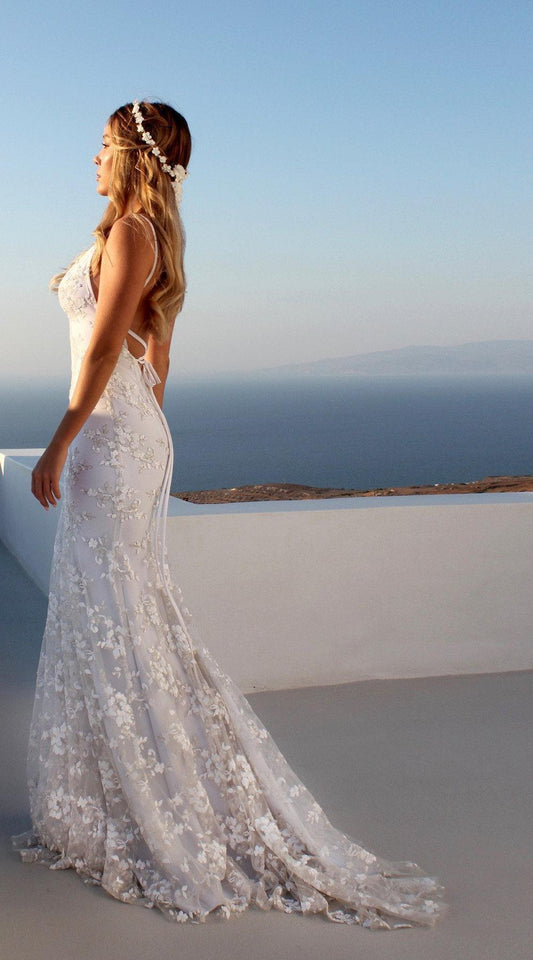 Lace Mermaid Wedding Dress with Lace-Up Back - Romantic V-Neck Bridal Gown.