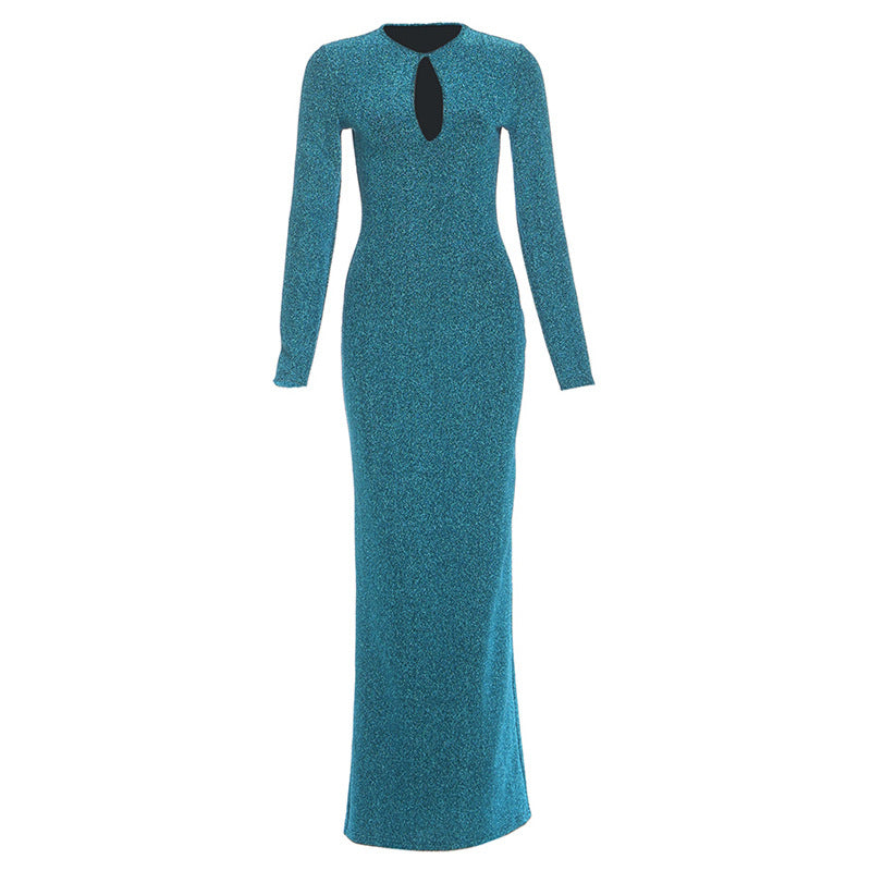 Spring Chic Commuter Gold-Stamped Sexy Hollowed-Out High-Waist Bodycon Sheath Long Dress For Women