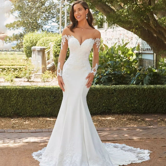 Long Sleeve Lace Mermaid Wedding Dress - Elegant Off-the-Shoulder Bridal Gown.