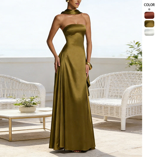 Strapless Satin Evening Gown with Matching Neck Scarf - Backless Maxi Dress