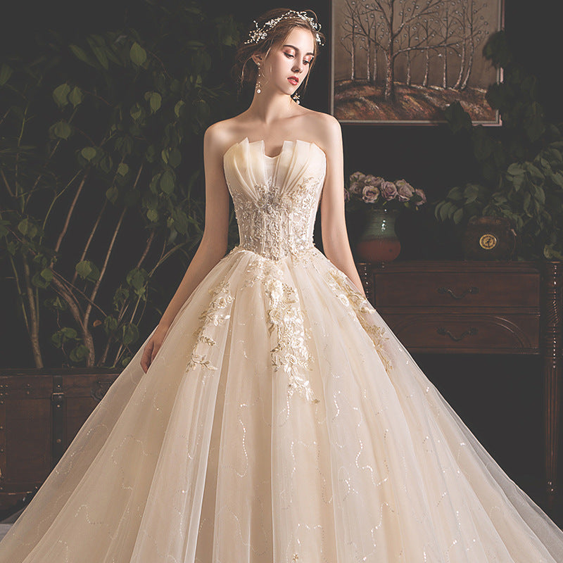 Champagne Mori Girl Tulle Ball Gown - Strapless Floral Wedding Dress.