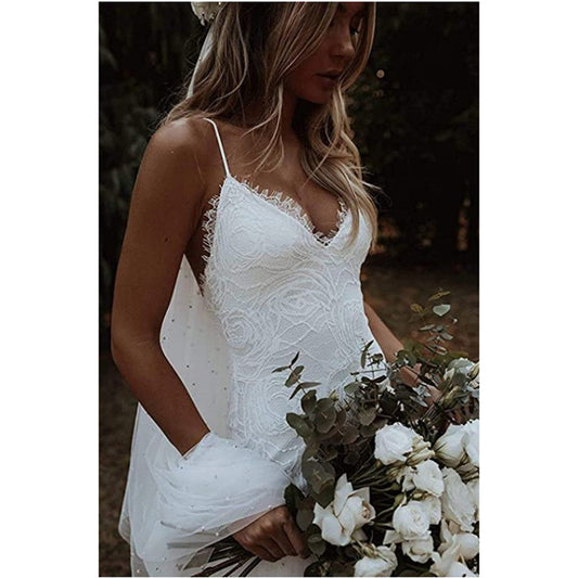 Boho Lace Mermaid Wedding Dress with Spaghetti Straps and Low Back.