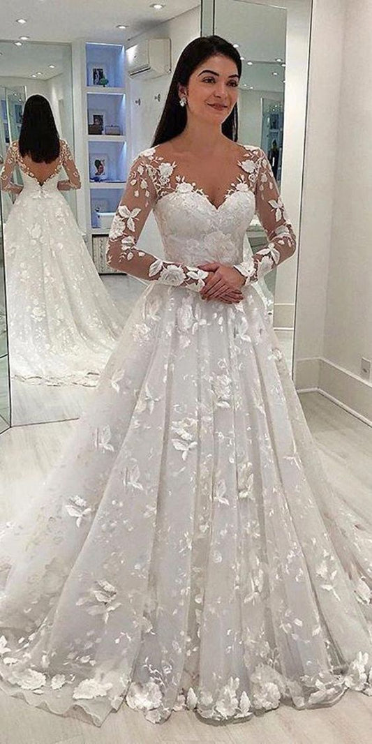 Lace Deep V Long Sleeve Wedding Dress