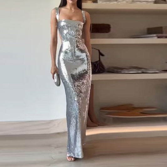 Sequin Backless Maxi Dress - Formal Evening Gown