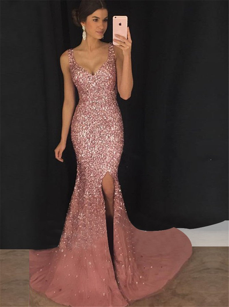Embellished Sequin Mermaid Gown - V-Neck Prom Dress with Train & Slit, Rose Gold