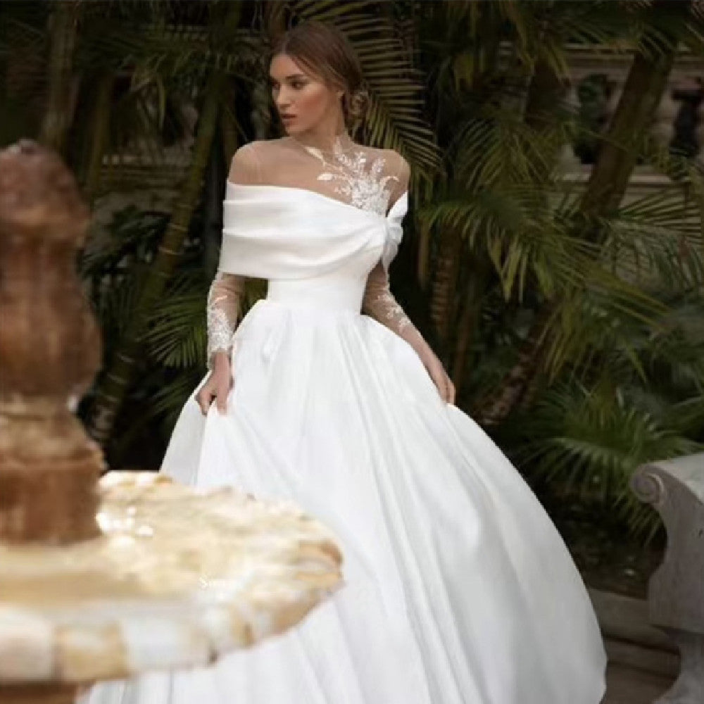 Off-the-Shoulder Satin Ball Gown - Elegant Long Sleeve Princess Wedding Dress.