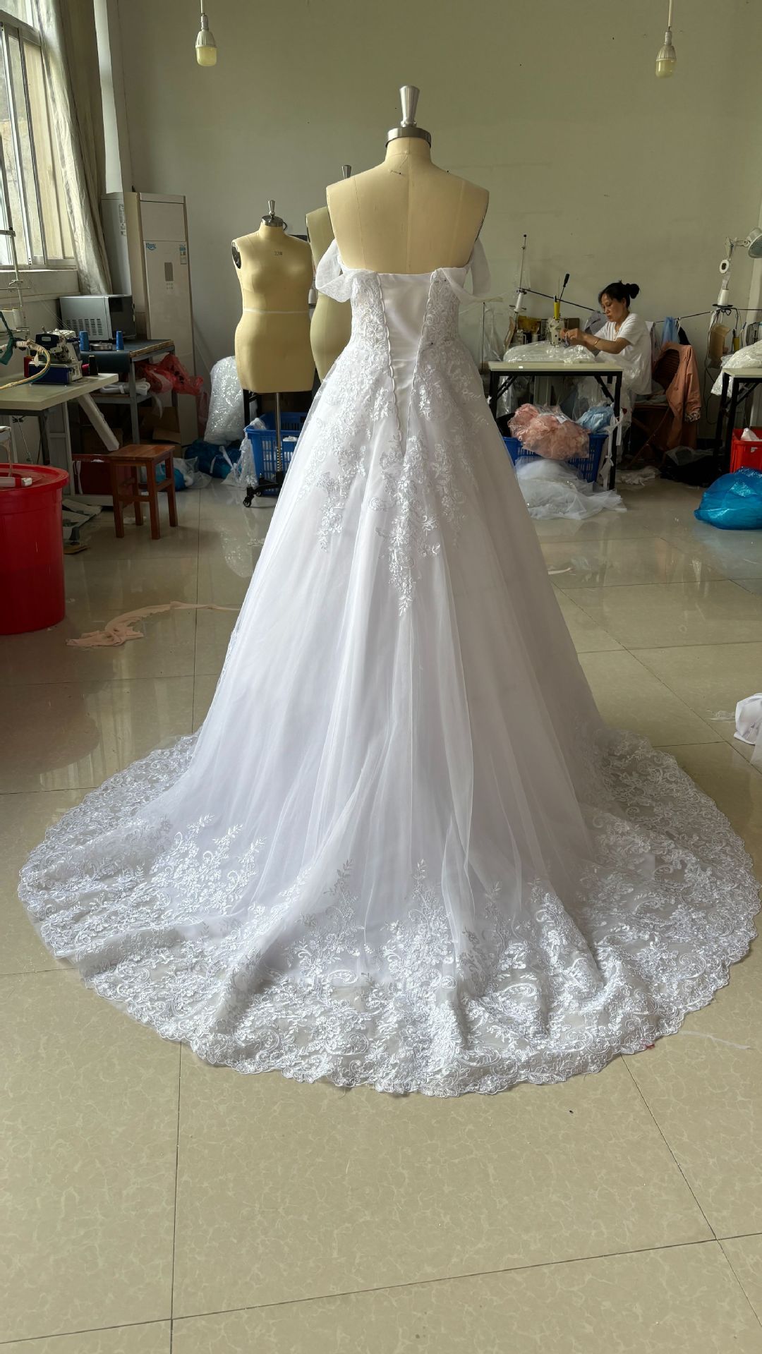 Off-the-Shoulder Lace Ballgown Wedding Dress with Court Train.
