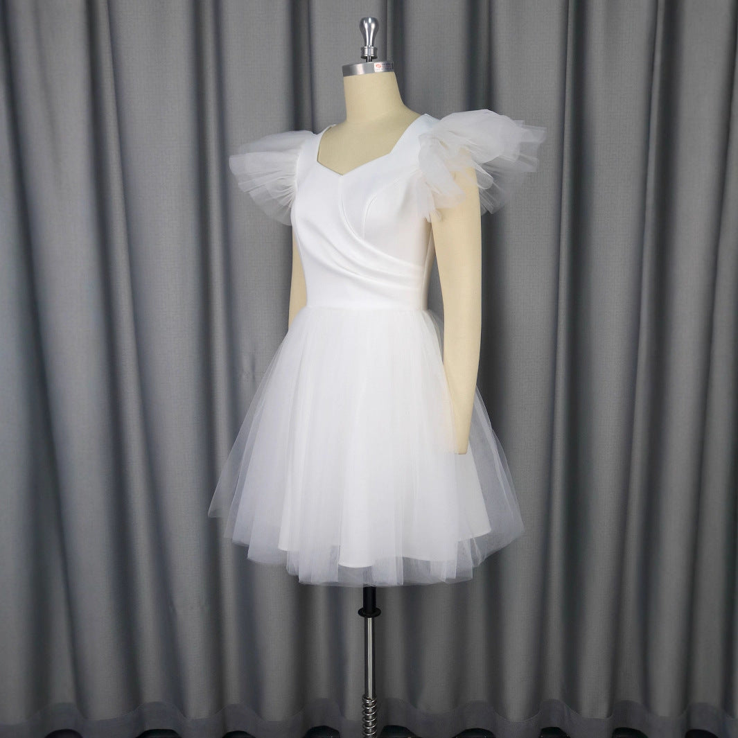 Female Solid Color Wedding V-neck Flying Sleeve Dress