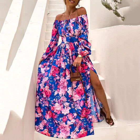 Off-the-Shoulder Floral Maxi Dress with Long Balloon Sleeves