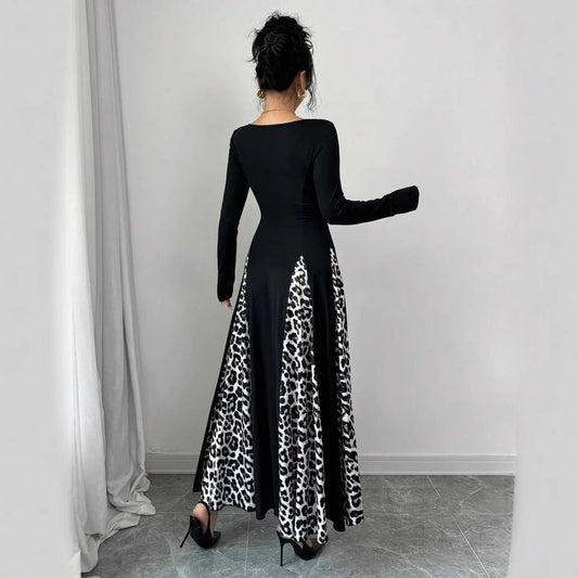 Leopard Print Panel Maxi Dress – Long Sleeve A-Line Gown