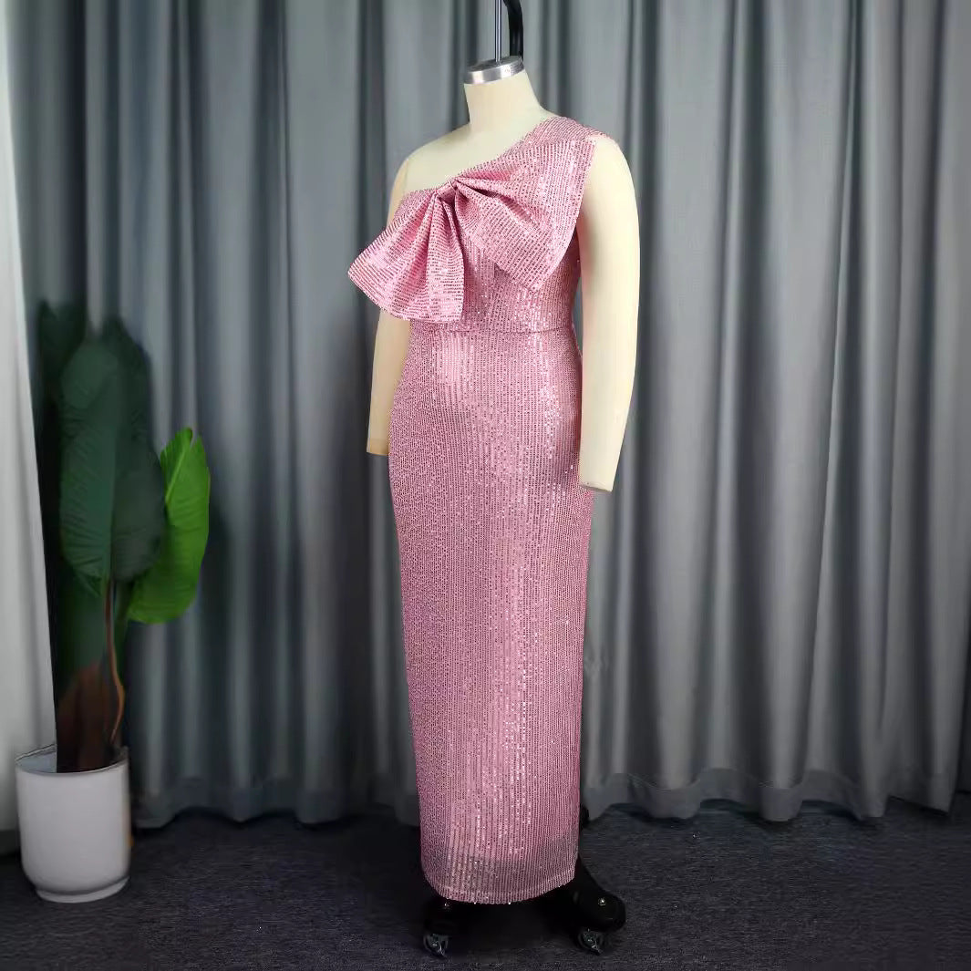 One Shoulder Diagonal Collar Sequins Formal Party Dress