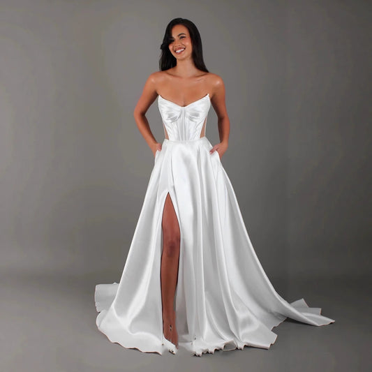 White Satin Slit Pocket Wedding Dress – Sexy Bandage Off-Shoulder Mermaid Bridal Gown.