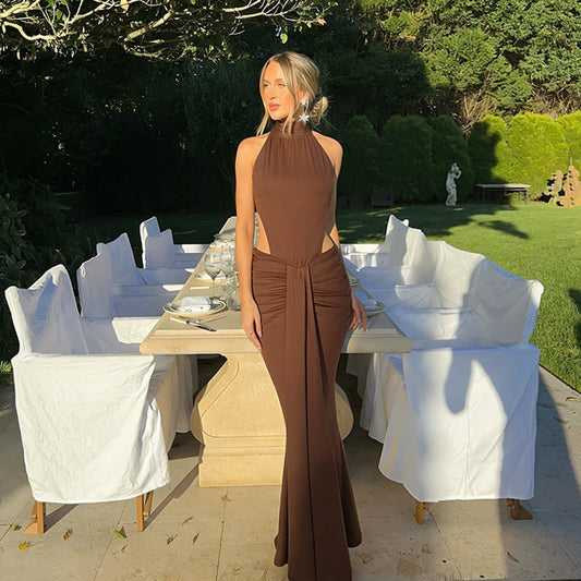 Chocolate Brown Halter Maxi Dress with Side Cutouts
