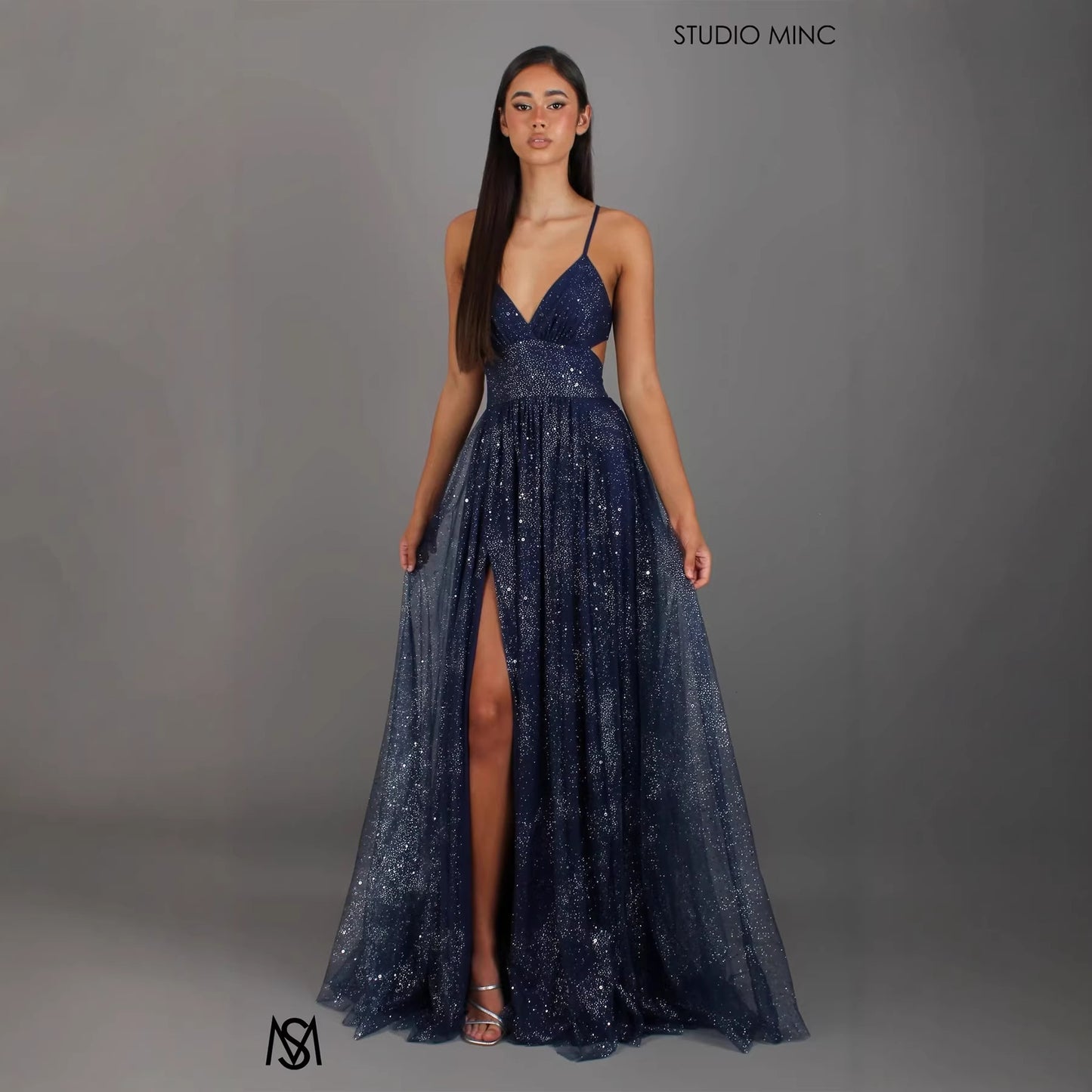 Glitter V-Neck A-Line Gown - Spaghetti Strap Prom Dress with Slit, Shimmering Wine Red or Blue