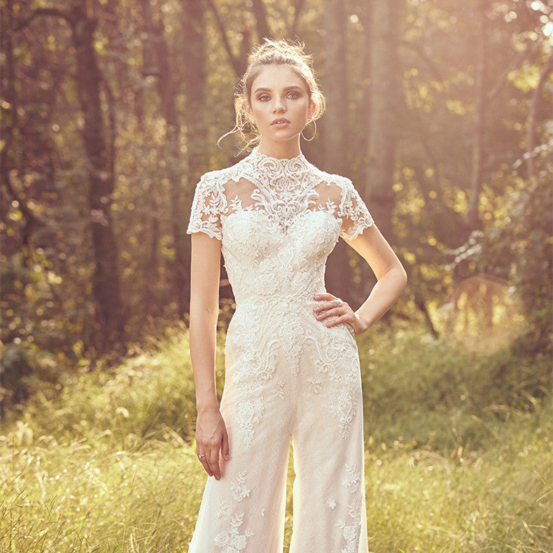 High Neck Lace Bridal Jumpsuit - Wide Leg Illusion Wedding Pantsuit.