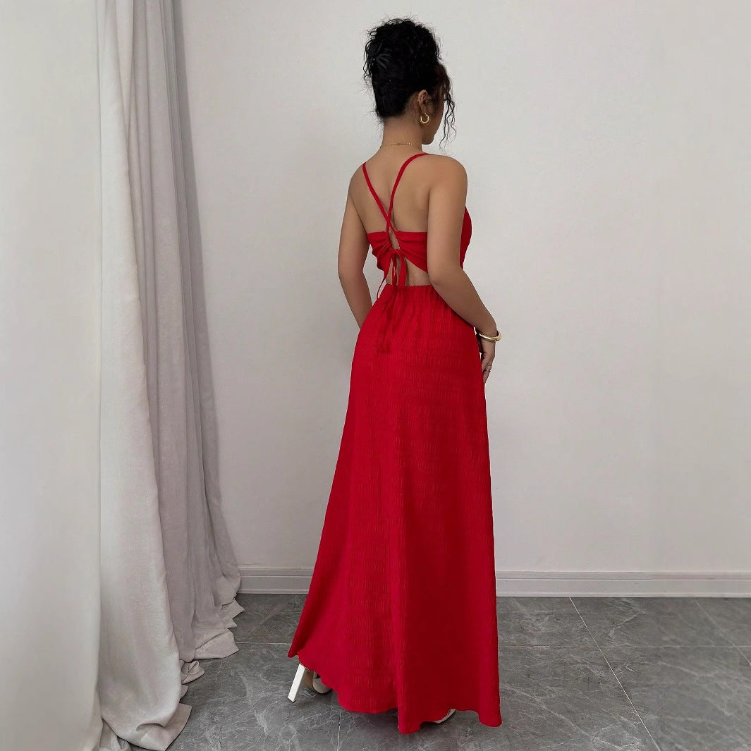 Red V-Neck Maxi Dress with Front Cutout
