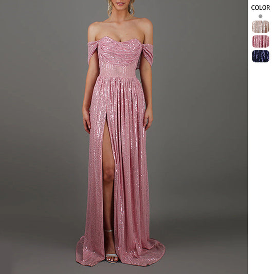 Sequin Off-the-Shoulder Corset Gown - Cowl Neck Formal Dress with Slit