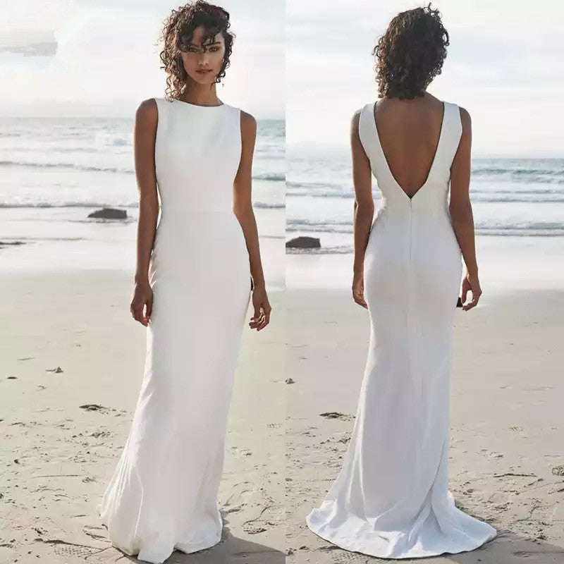 White Crepe Backless Maxi Dress with Train luxury bridal gown by Bridal Boutique