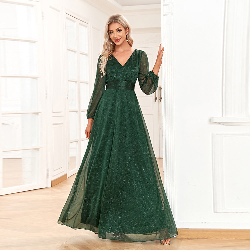 Shimmering Long Sleeve A – Line Gown – V – Neck Glitter Prom Dress with Bishop Sleeves, Emerald Green luxury bridal gown by Bridal Boutique