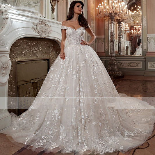 Off-Shoulder Sparkle Ball Gown Wedding Dress with Train – French Romance Bridal Gown.