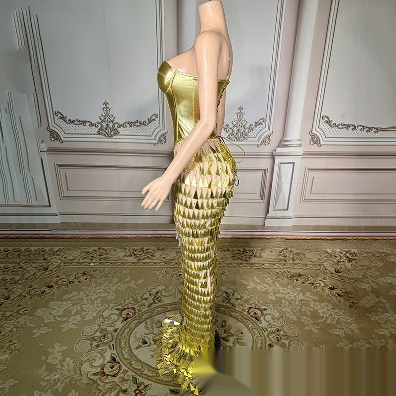 Golden Bright Surface Bandage Design Tight Waist Slimming Mermaid Formal Dress