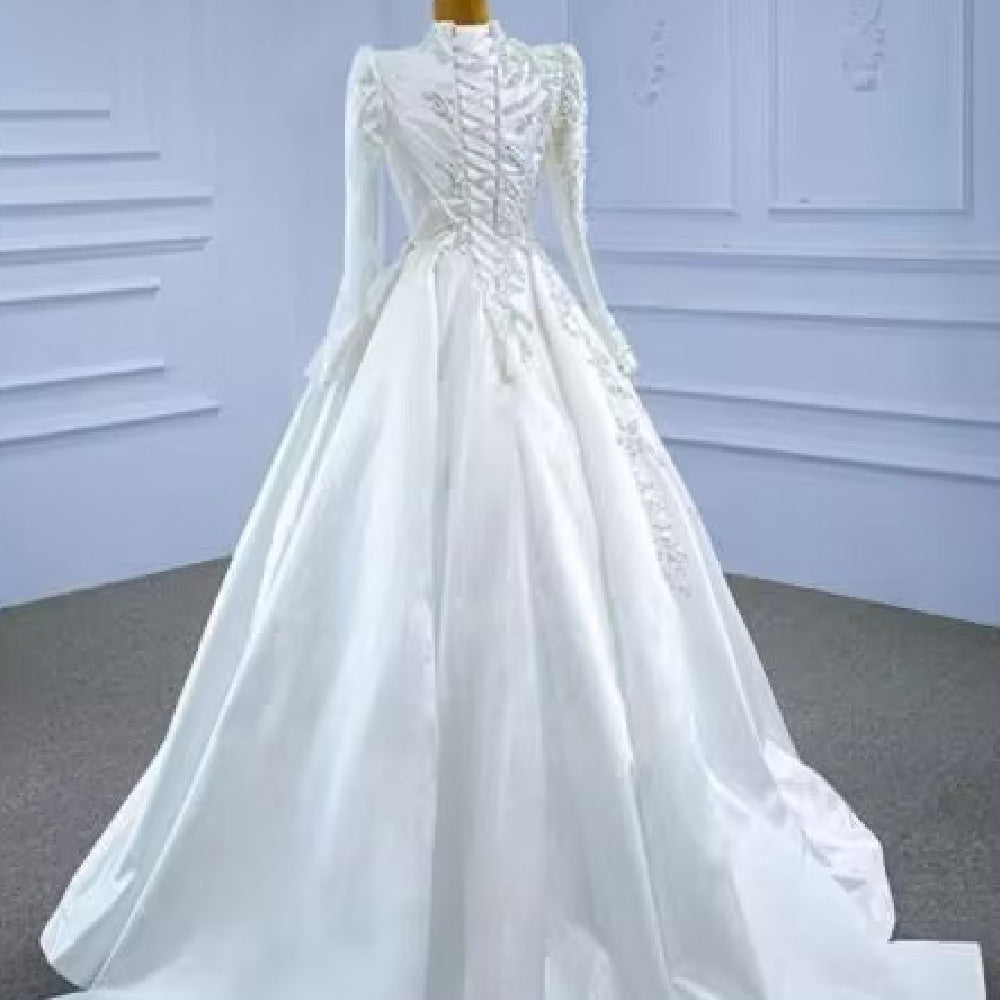 Modest High – Neck Satin Ball Gown Wedding Dress – Long Sleeve Bridal Gown. luxury bridal gown by Bridal Boutique