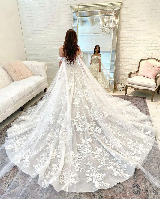 Off-The-Shoulder Lace Ball Gown Wedding Dress - Luxury Floral Bridal Gown.
