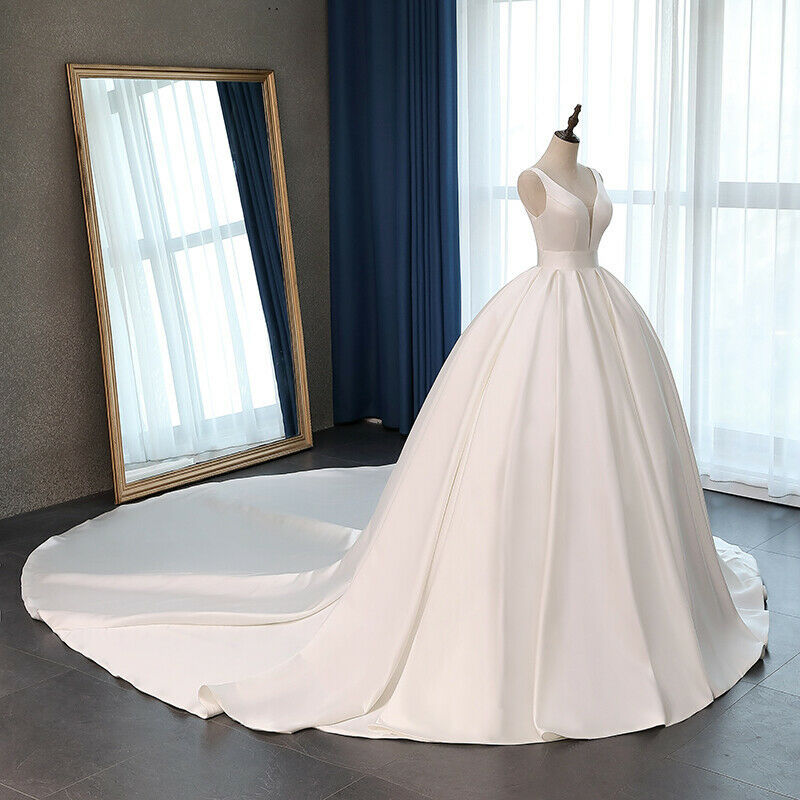Classic Satin Ball Gown Wedding Dress with Plunging V-Neckline.