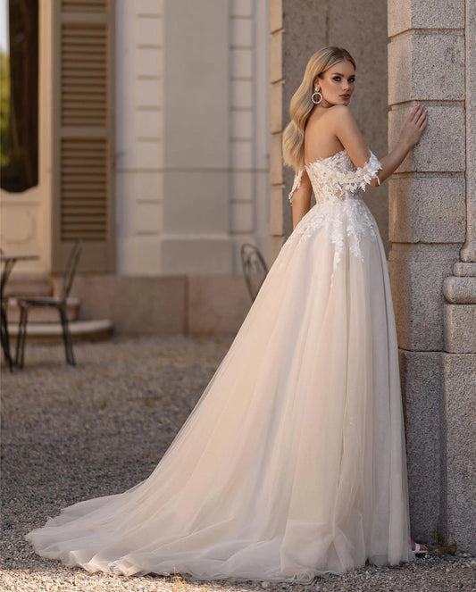 Romantic Off-the-Shoulder Tulle A-Line Wedding Dress with High Slit.