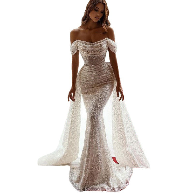 Off-The-Shoulder Pearl Mermaid Wedding Dress with Detachable Train