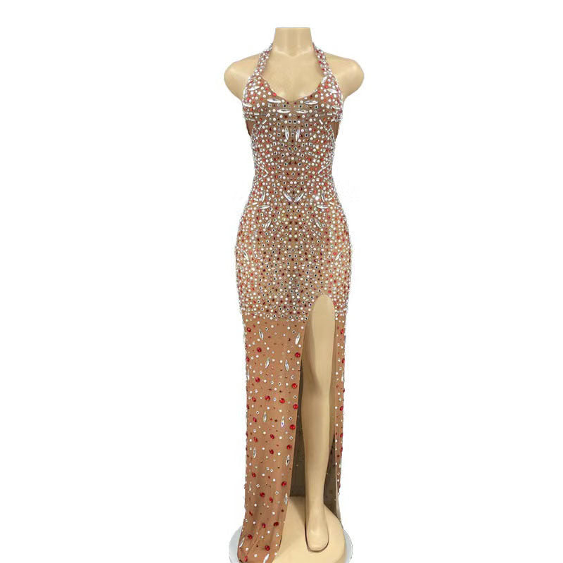 Glitter Rhinestone Formal Crystal Backless Elegant Statement Dress