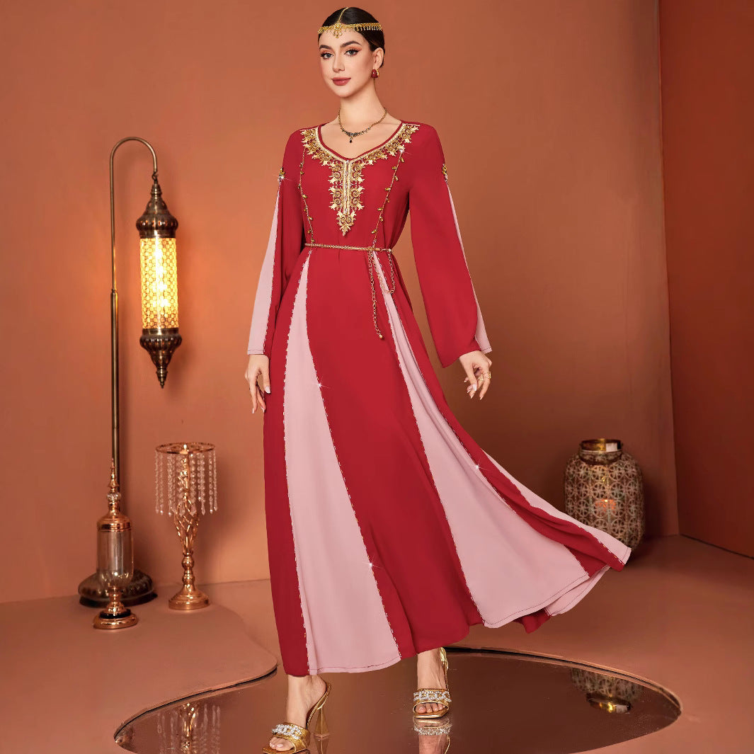 Boho Embroidered Long Sleeve Maxi Dress – Two-Tone Festive Kaftan