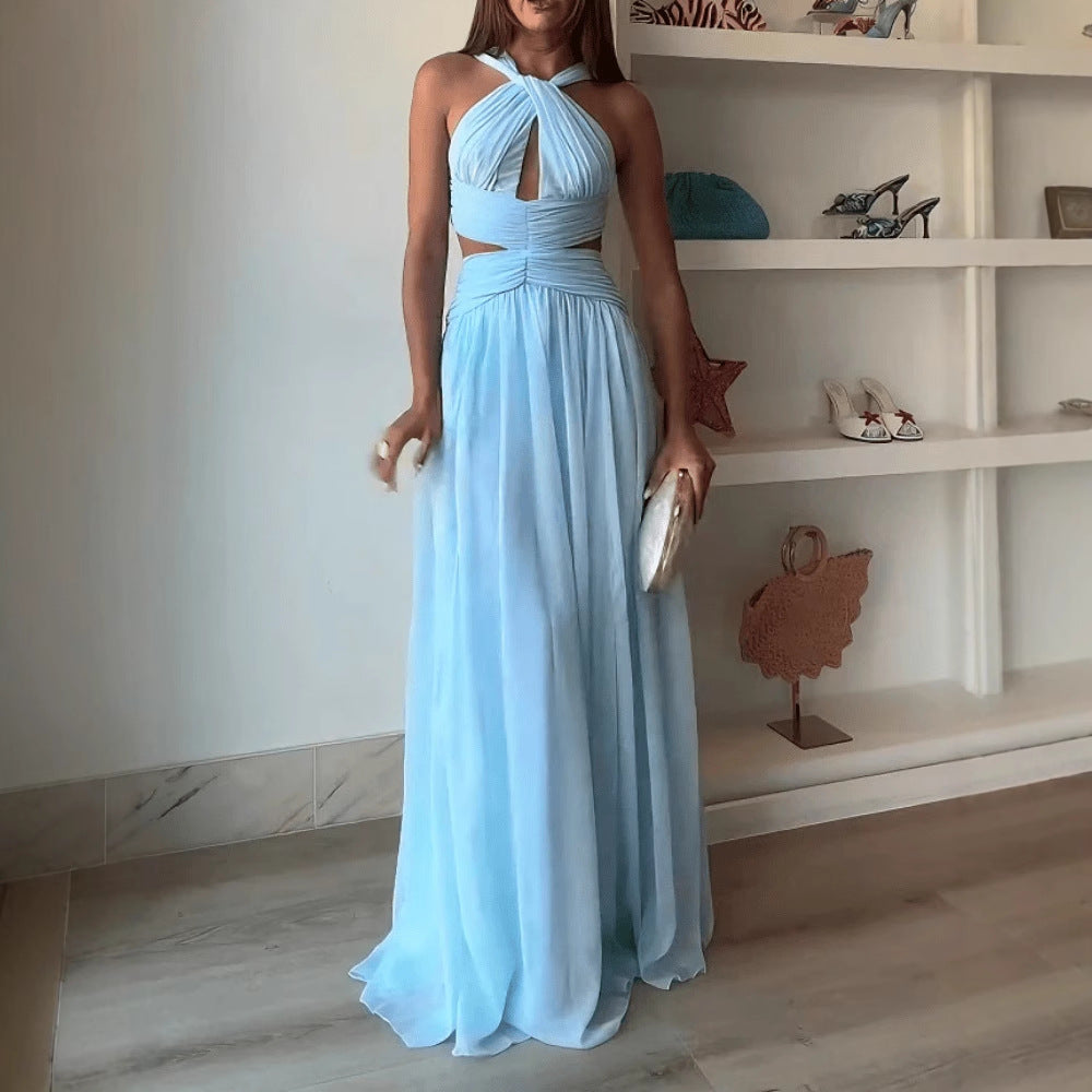 Criss-Cross Halter Maxi Dress - Pleated Chiffon Evening Gown with Cutouts, Sky Blue