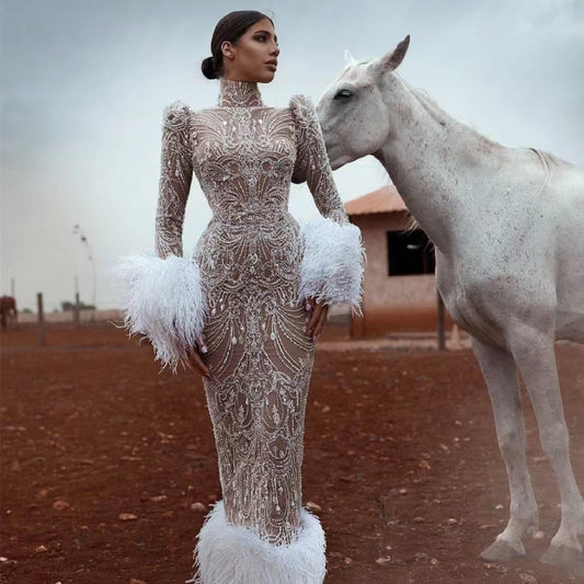 Luxury Beaded Column Wedding Dress - High Neck Bridal Gown with Feather Trim.