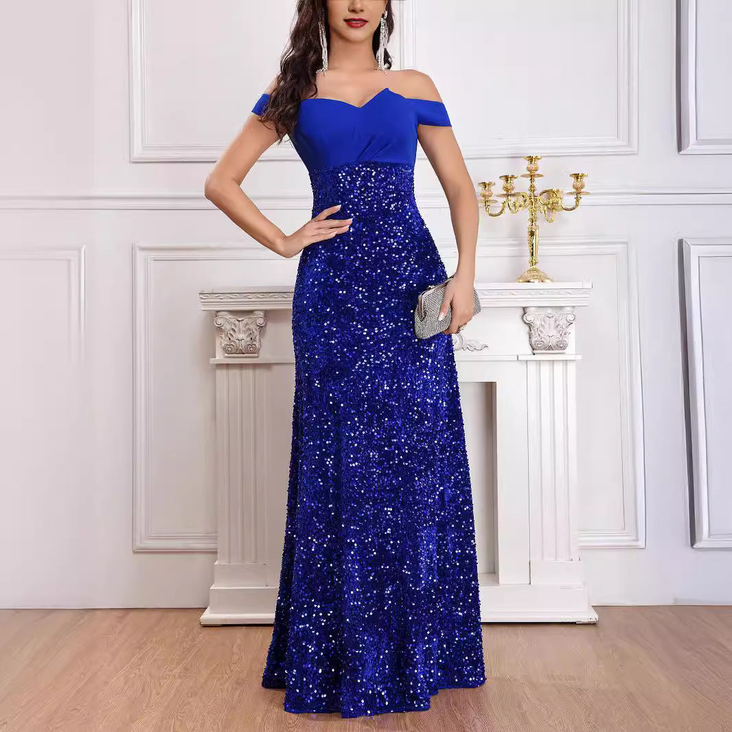 Sequin Column Maxi Dress - Off-The-Shoulder Sweetheart Prom Gown, Ruby Red or Blue