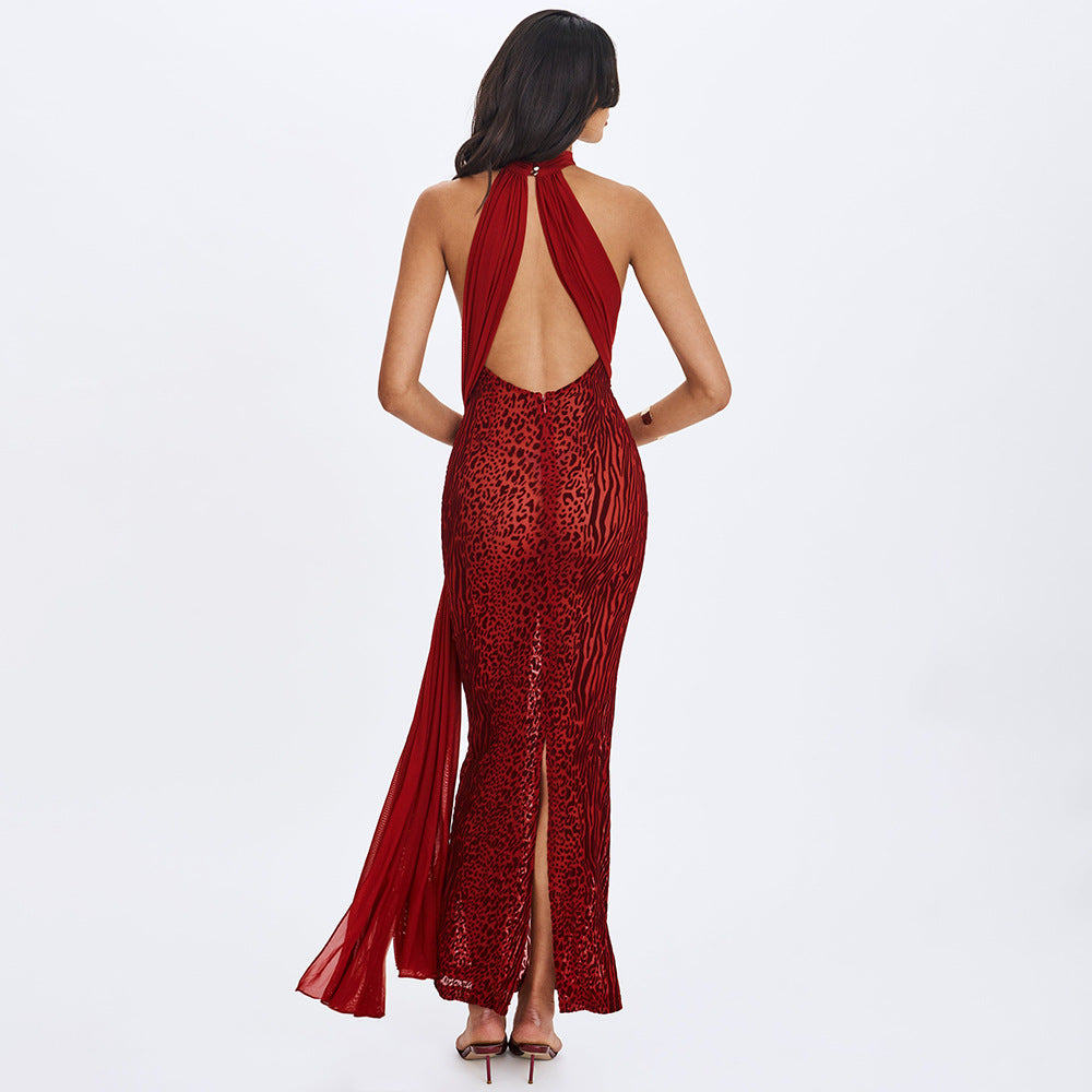 Halter Neck Red Animal Print Maxi Dress with Flowing Waist Sash