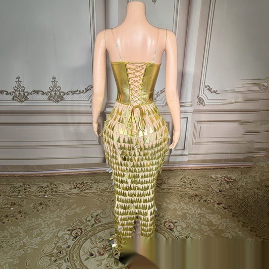 Golden Bright Surface Bandage Design Tight Waist Slimming Mermaid Formal Dress