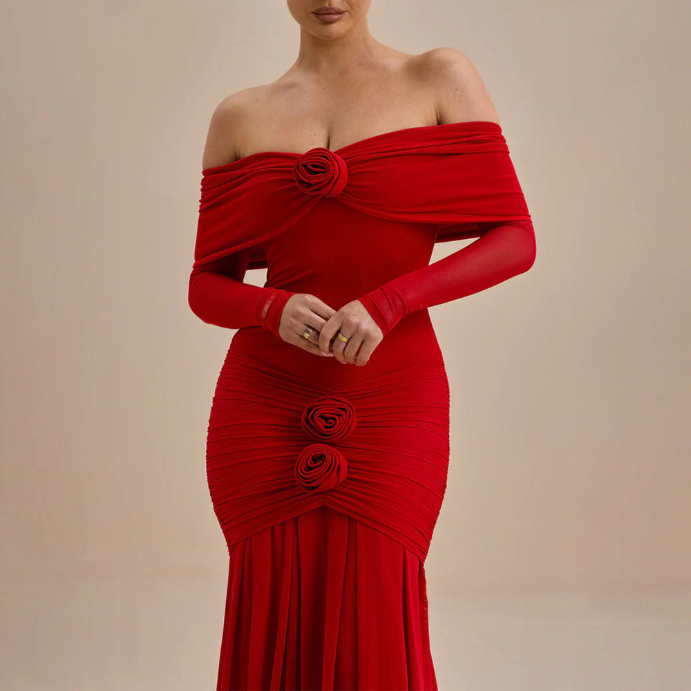 Romantic Rosette Formal Dress – Mesh Sleeve Evening Gown luxury bridal gown by Bridal Boutique