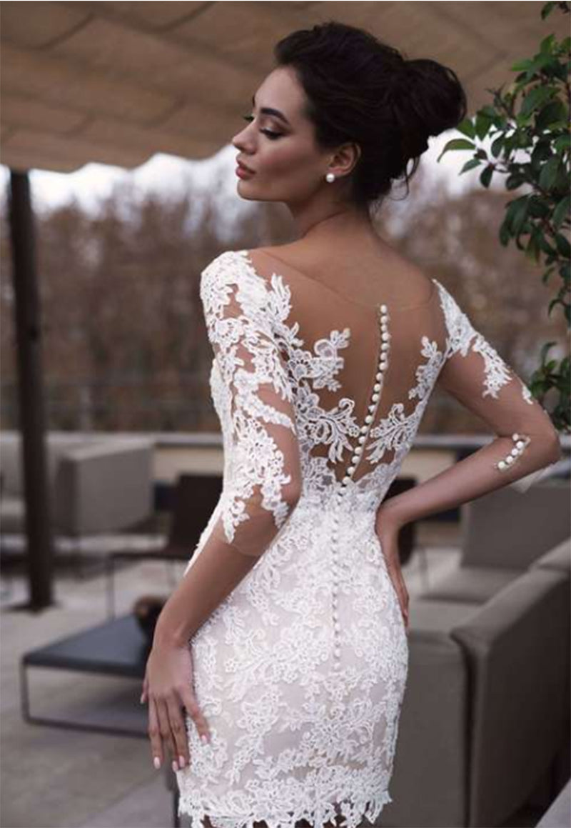 Long Sleeve Lace Wedding Mini Dress with Illusion Button Back.