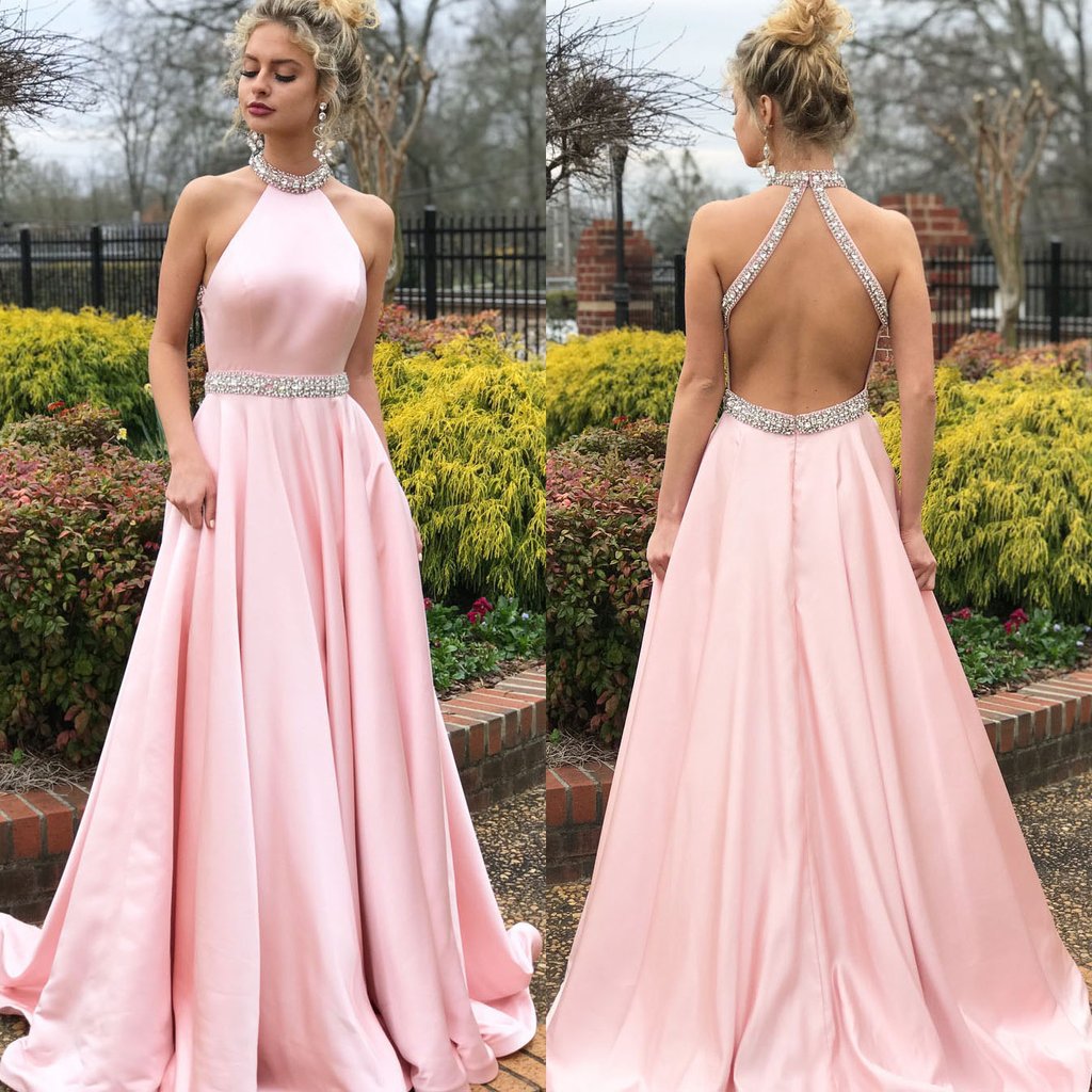 Pink Sleeveless Halter Diamond Beautiful Backless Formal Dress