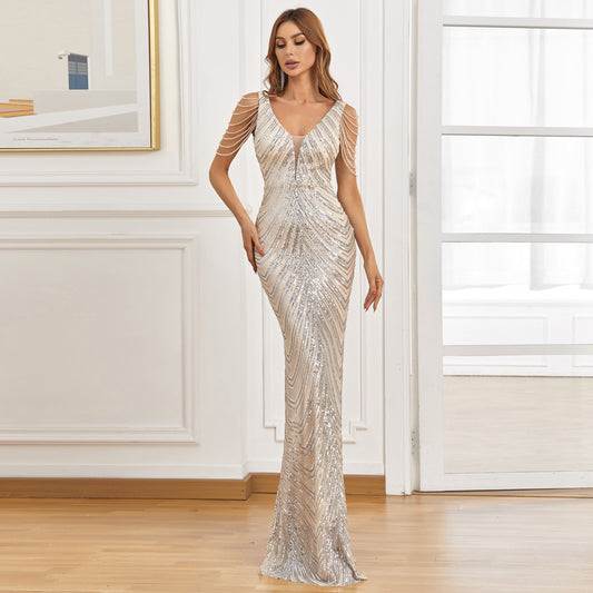 Beaded Fringe Sleeve Sequin Gown - Plunging V-Neck Mermaid Prom Dress